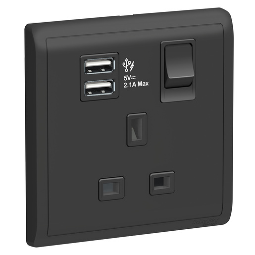 شنايدر بيانو فيش مفرد مع مفتاح 13 أمبير و مخرج 2.1 أمبير أسود E8215USB_MB_G12